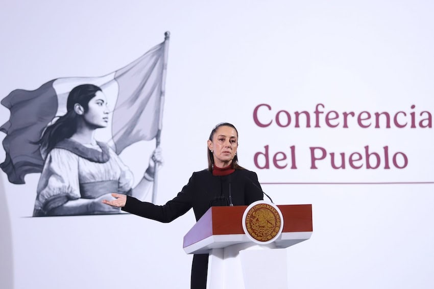 Claudia Sheinbaum, President of Mexico, answers questions from the press at the People's Conference at the National Palace.