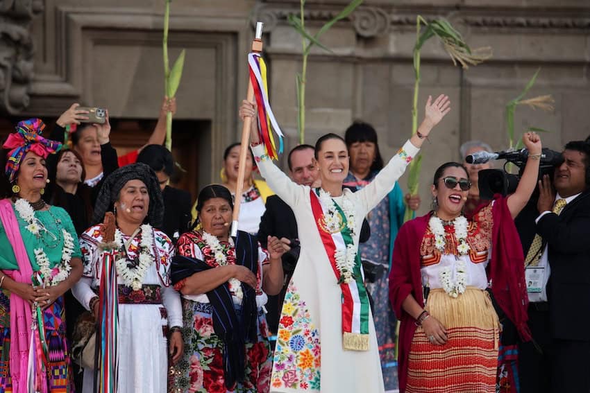 The constitutional president of the United Mexican States, Claudia Sheinbaum Pardo, during the ceremony of the indigenous peoples and the Afro-Mexican people where she was given the Staff of Command, on the zócalo square in Mexico City.