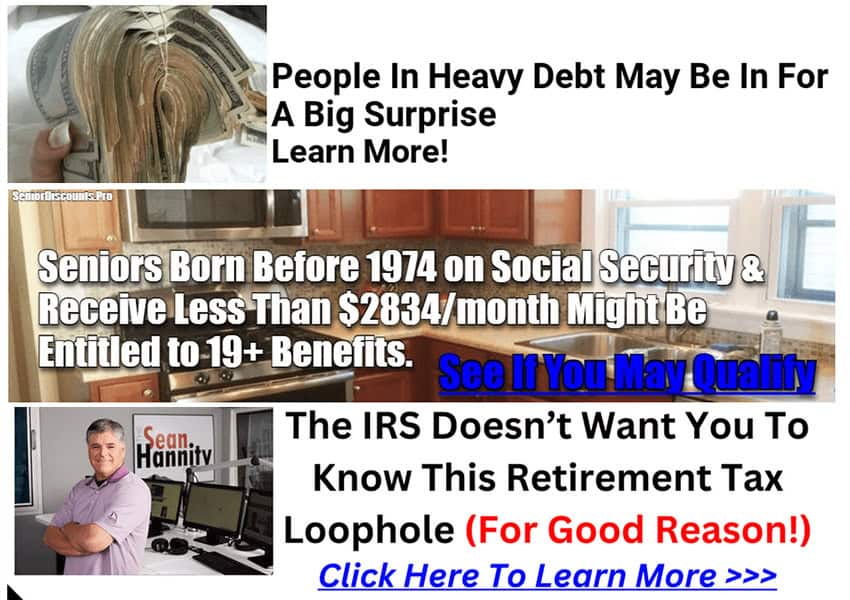 A collage of spammy debt-relief, IRS and social security online advertising