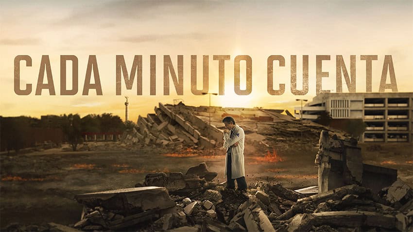 A man stands alone at sunset in a field of rubble, in a promotional image for the TV show "Cada minuto cuenta," one of the best Mexican movies / TV shows of the year