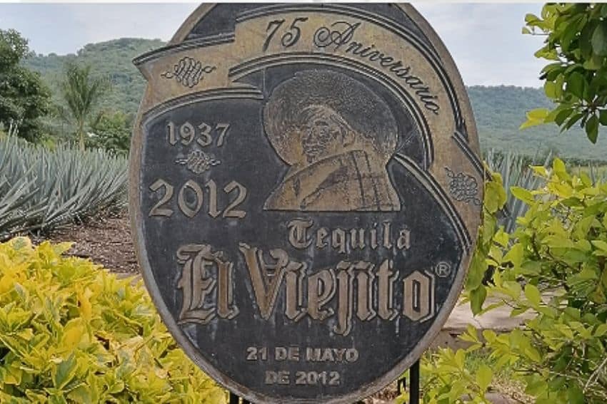 Wooden sign for El Viejito Distillery in Atotonilco El Alto, Mexico,