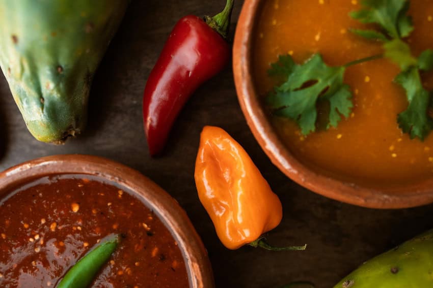 Close up to a pair of bowls with different kinds of salsa.