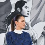 A portrait of Claudia Sheinbaum in front of an illustration of an Indigenous woman holding a Mexican flag