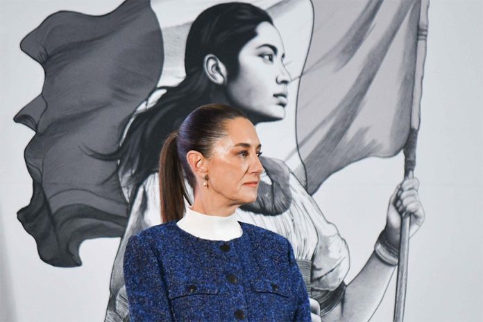 A portrait of Claudia Sheinbaum in front of an illustration of an Indigenous woman holding a Mexican flag