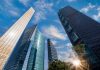 A cluster of skyscrapers climbing into a blue sky in Mexico's business district in Mexico City