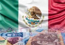 Illustrative image of a Mexican flag in the background, with Mexican peso bills in the foreground.