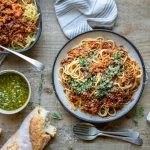 a pasta dish on a table