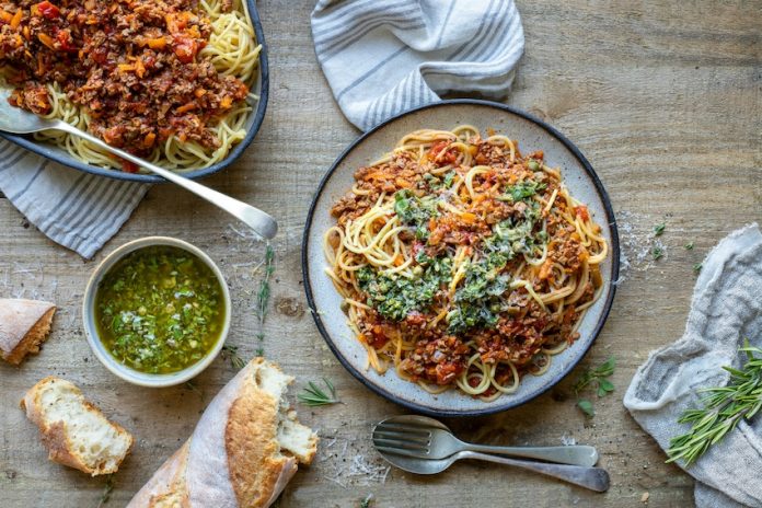 a pasta dish on a table