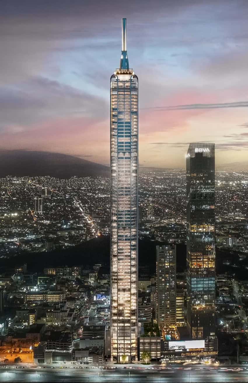 A rendering of what a completed Torre Rise will look like against the nighttime skyline of Monterrey, Mexico.